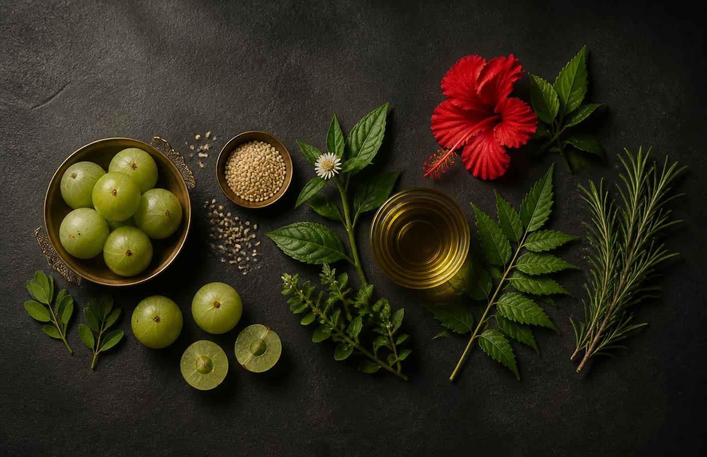 An editorial arrangement of Ayurvedic botanicals including amla, bhringraj, brahmi, neem, hibiscus, rosemary, sesame seeds and a dish of oil